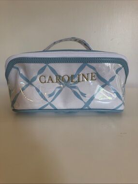 Mark & Graham Clear Coated Diamond Cosmetic Pouch - Blue Bows Monogram "CAROLINE